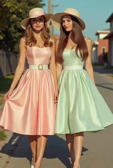 Stepford Girly Girls wearing pretty pastel 50s sleeveless swing dresses with big poofy petticoated tea length princess shaped full skirt, white circle belt, long beautiful straight hip length hair perfectly styled, sunhats, high heels, thin waist, sexy bod...