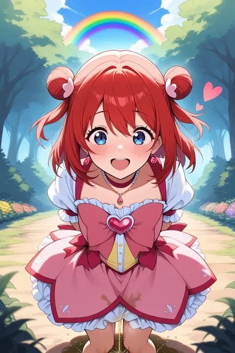 Redhead, blue eyes, medium hair, necklace, magical girl, rainbow, hearts, happy,arms behind back,peeing,big chests,Masterpiece,