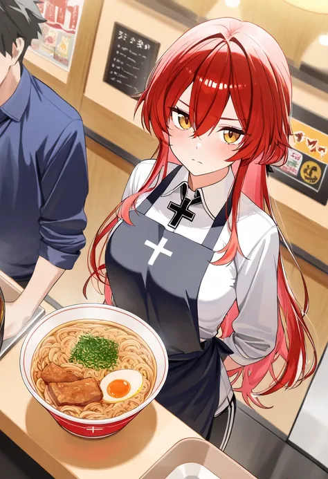 score_9,score_8_up,score_7_up,rating_safety,source_manga,masterpiece,best quality,hyper detailed,super fine illustration,8k,front angle,BREAK gray cat,apron,arms cross,standing,BREAK ramen restaurant,BREAK serious atmosphere,