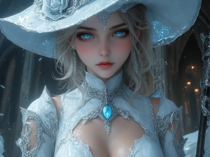  1girl look at me, white style, trump, queen, luxury, exquisite digital illustration, dark fantasy, intricate art work, ((huge wizard hat)), huge necklace with a bright blue gem, ((gigantic breasts:1.5)), ((split areole)), ((white sexy dress with belly but...