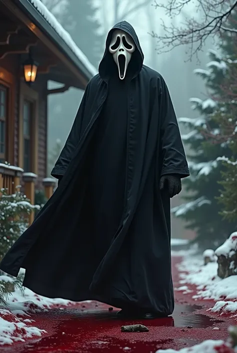 Ghostface from the movie scream  wearing a black cloak black gloves background bloody Christmas 