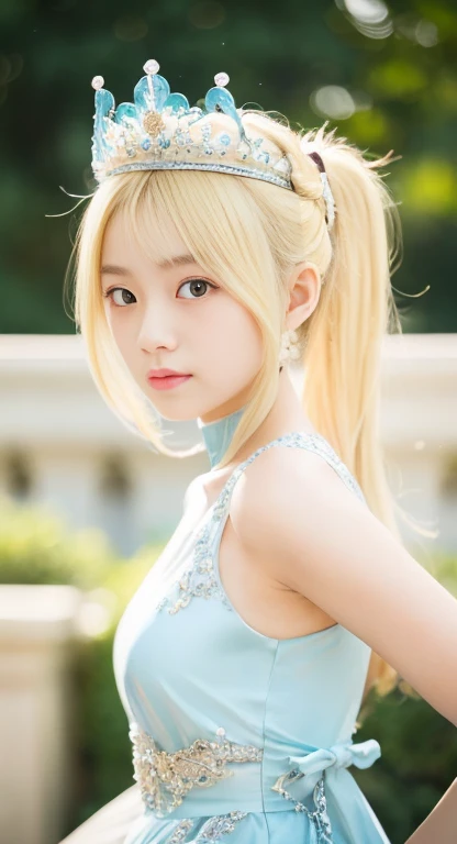 (top-quality、​masterpiece:1.2)、Best Quality、realisitic、photoshot、hight resolution、1080p、8K、Textured skin、Physical Rendering、1 Japan Girls、a senior high school student、kawaii、Young Face、straight hair、light yellow blonde hair、(light blue princess dress:1.5)、...