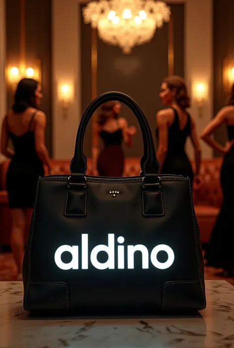  design a 3D picture for me containing some womens soiree and a black womens bag with a word in the middle "ALDINO " In a bright white color, 