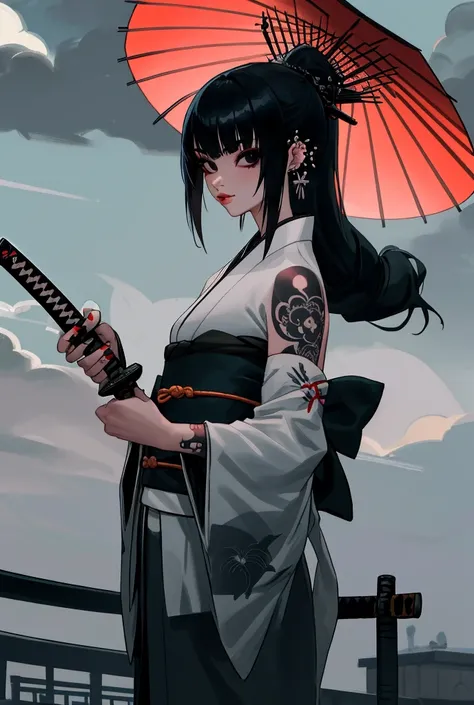 1girl, tattoo, arm, arm_tattoo, sword, Alone,  black eyes ,  black hair, katana, toys,  Japanese clothing, rain, piercing,  ear piercing ,  looking at the viewer, jewelry, holding, holding_gun, black nails, bainha,  long hair , night céu, fringe, sword_Of ...