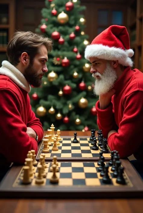 
Chess position:

A partida entre magnus carlsen (black) and Robert James Fischer (white) takes place on a board decorated with Christmas themes. Both players are dressed in typical Christmas clothes, with Magnus wearing a red sweater and Fischer in a Chri...