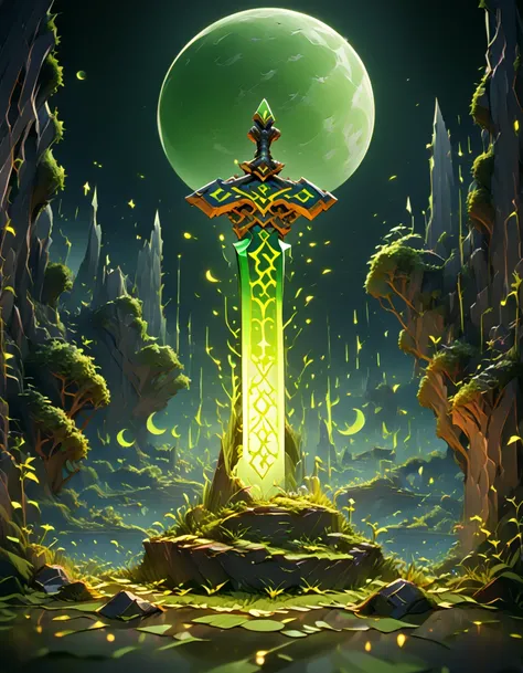 Detailed 8k Green Runic Sword with Moon in the Background