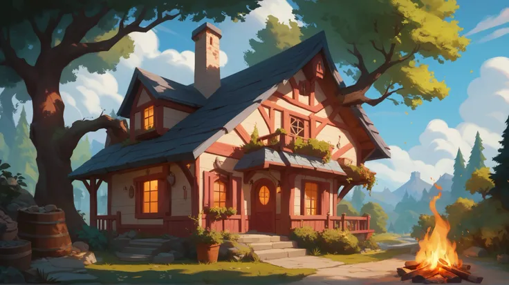 The image is a colorful illustration of a house with a sloping roof and a chimney. The house is surrounded by trees and there is a campfire burning in front of it. The fire is burning brightly and there are a few logs scattered around the house. The backgr...