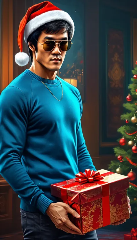  Bruce Lee facing camera walking, wearing a Santa hat and blue sweater, sunglasses, holding a Christmas gift, art style of Jeremy Mann, greg rutkowski,  double exposure, Christmas theme background,  intricate artwork masterpiece, ominous, movie poster, gol...