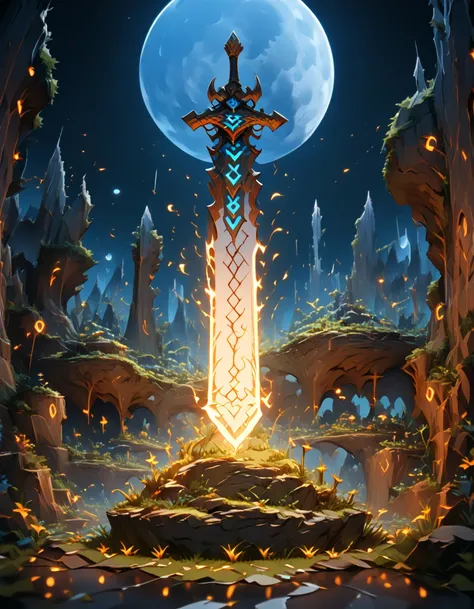 Detailed 8k Blue Runic Sword with Moon in the Background