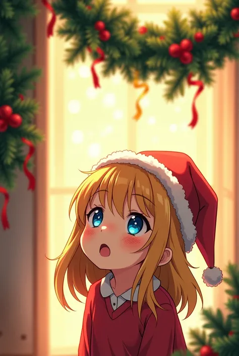 A tired anime girl with blue eyes and yellow hair in a Christmas hat looks in surprise with admiration at the garland hanging from above