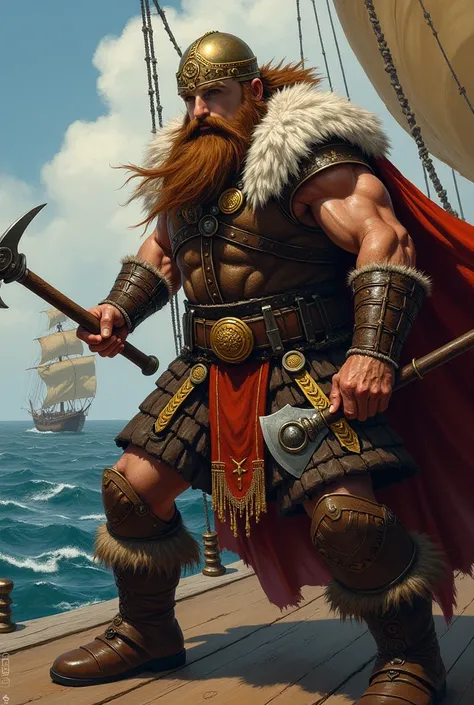 An viking berserker, with intricate helmet, aggressive, fighting with axe and sword, dynamic pose, dueling stance, painting style. Rich clothes, colorfull , battle equipment, alone, brown beard with some gray hair. On drakkar ship