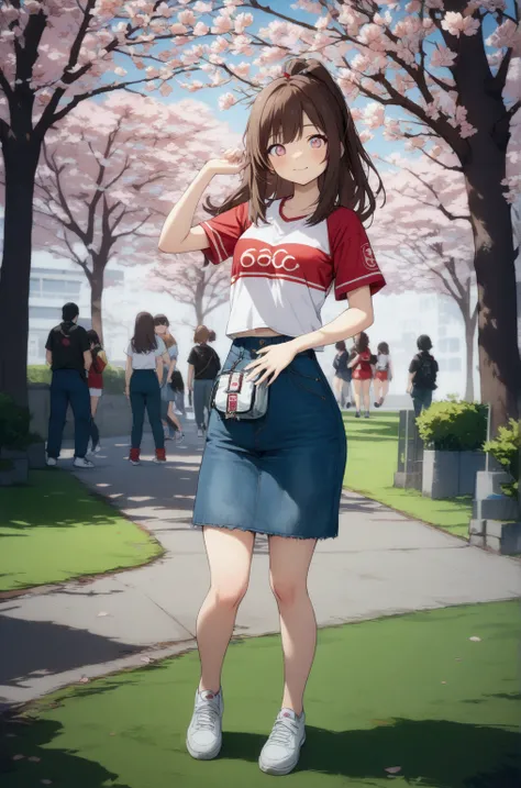 pretty young woman, standing posed, at grassyard, cherry blossom tree on background,  BREAK, {+forehead, long brown hair, hairlocks}, BREAK,  wearing pastel-red short sleeves shirt, denim pencil mini skort, white sneakers, BREAK, (1girl, solo, full body), ...