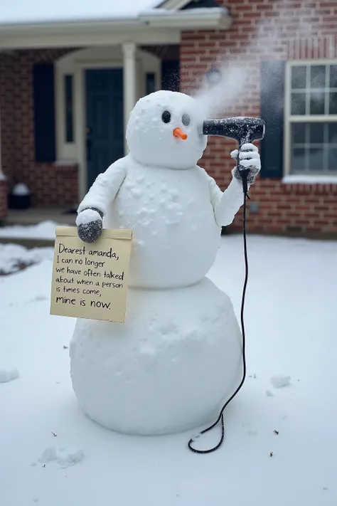 Snow man in front of a house. Has a hairdryer set on high and has it pointed at his head. It is on full blast. In the other hand is a hand written note that says, "Dearest Amanda, I can no longer endure the pain, we have often talked about when a persons t...