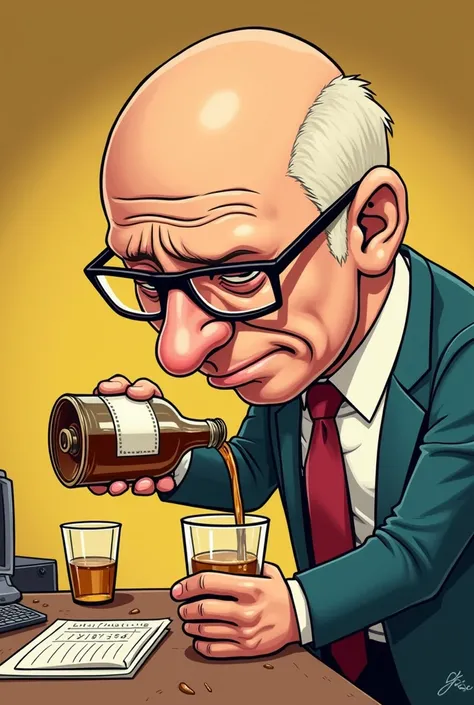  You can create an image of a bald person with glasses pouring liquor. This image should be a cartoon , On the side of her short-haired boss 