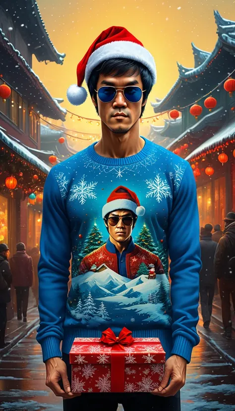  Bruce Lee facing camera walking, wearing a Santa hat and blue Christmas style sweater, sunglasses, holding a Christmas gift, kung fu Christmas, art style of Jeremy Mann, greg rutkowski,  double exposure, Christmas theme background,  intricate artwork mast...