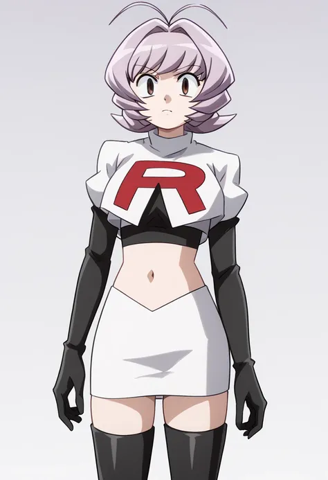 score_9, score_8_up, score_7_up, source_anime,
najimiosana, najimi osana, short hair, brown eyes, purple hair, hair intakes, antenna hair,
looking at viewer, cowboy shot, team rocket,team rocket uniform,white skirt,red letter R,crop top,black thigh-highs,b...