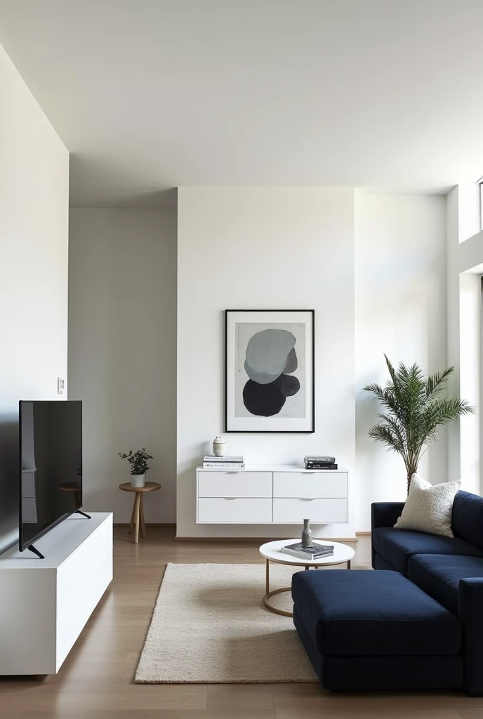  Room interior with white walls ,with abstract paintings, with a white dresser , black TV ,  with light brown linoleum and a dark blue sofa with white armrests