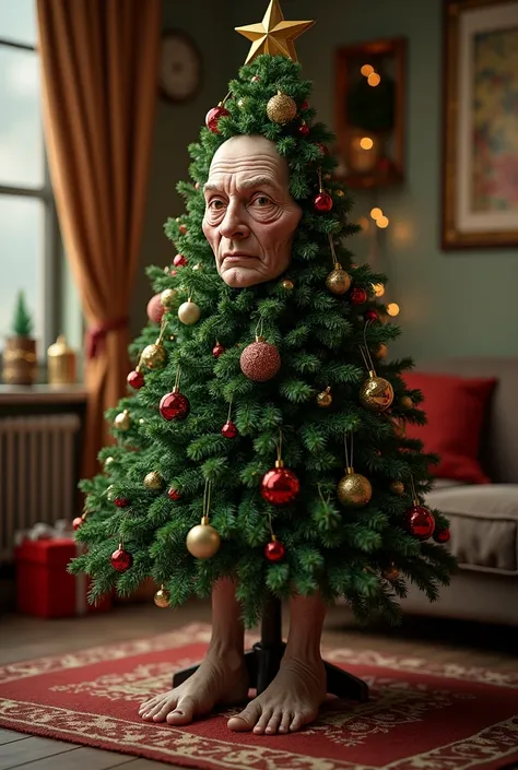 Extremely realistic Christmas tree with human face and human feet