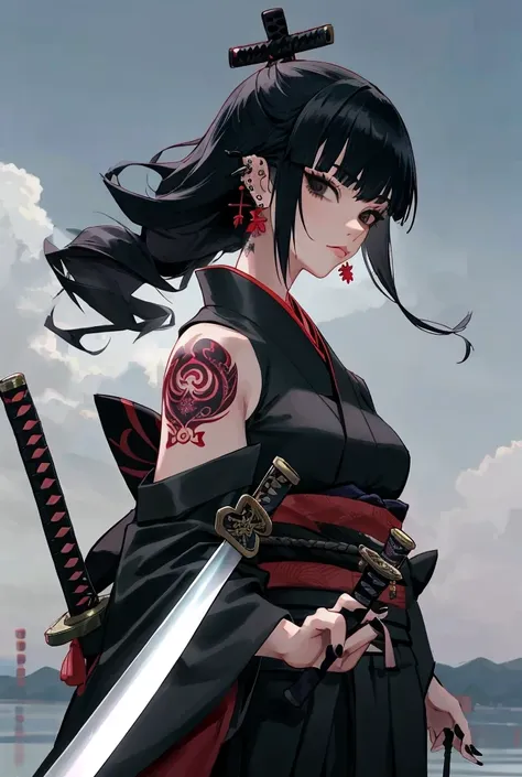 1girl, tattoo, weapon, arm_tattoo, sword, solo, black eyes, black hair, katana, earrings, Japanese clothing, rain, piercing, ear piercing, looking at viewer, jewelry, holding, holding_gun, black nails, sheath, hair long, night sky, bangs, sword_to hold, ta...