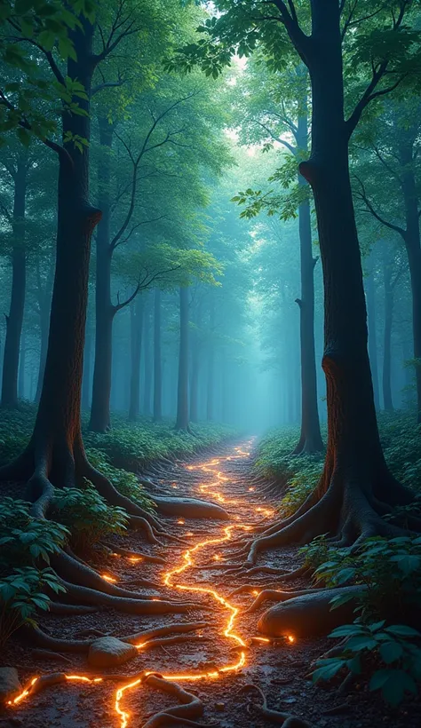 A vibrant forest with interconnected roots glowing softly under the ground, creating a mystical network-like structure. The atmosphere is serene and magical, with light filtering through the trees.