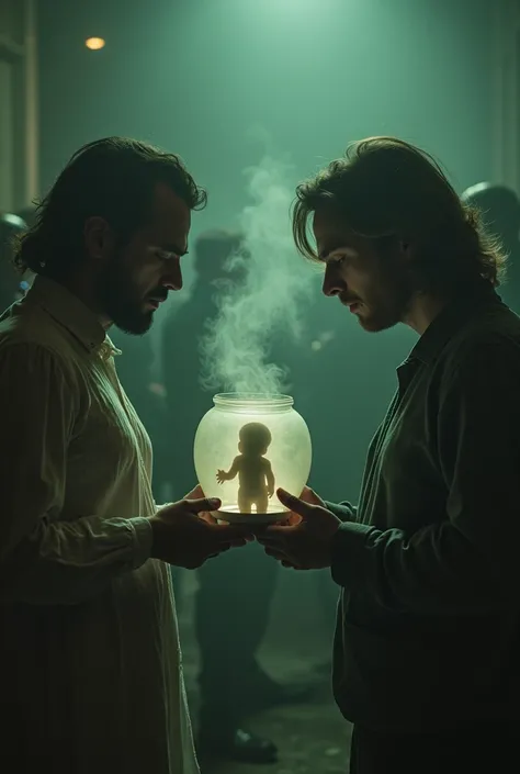 A man gives a woman a babys shadow in a glass bowl, surrounded by men smoking weed