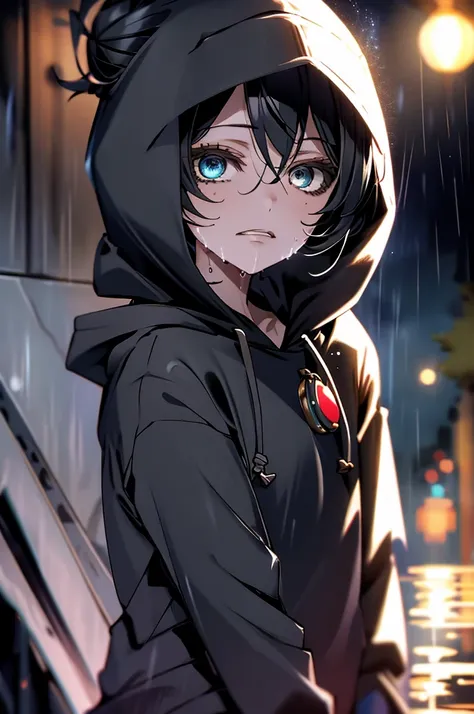 HoodieGirl, best quality, masterpiece, 1girl, black hair, pale skin, hair bun, upper body, (black hoodie), symbiote hoodie, symbiote teeth, expressionless, looking at viewer, outdoors, rain, raining, night, wet, looking at viewer