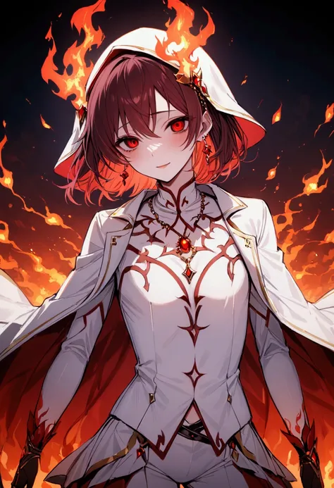 Male. Femboy. Yandere. 4k. 8k. Best quality. White medium hair with black strands. Dark red eyes. Wearing a white uniform suit, with black and crimson details. Flame wizard, has red accessories adorning her slim and tiny figure. Gems representing fire, a n...