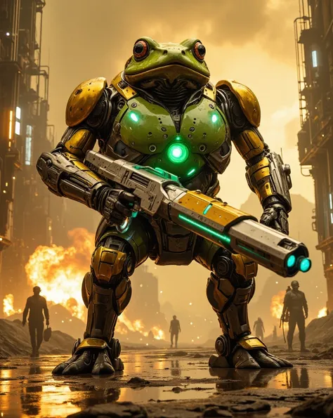 design an epic , futuristic cybernetic toad warrior stands on a glowing, high-tech industrial environment. this cybernetic toad is an impressive character, with a fusion of natural amphibian features and sleek robotic enhancements，Towering above its surrou...