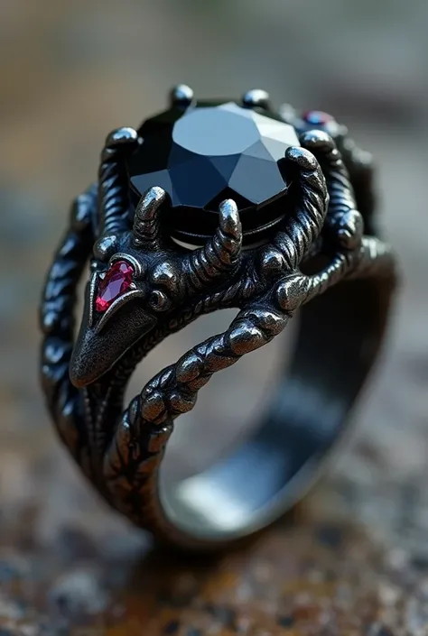  A ring with a black gem denoting power and a ravens creeper.  Here is a detailed description :

 Ring design
The gem :
stone: A polished obsidian ,  black onyx or black tourmaline .
form:  Round or carved in the shape of a tear ,  to give it a mysterious ...