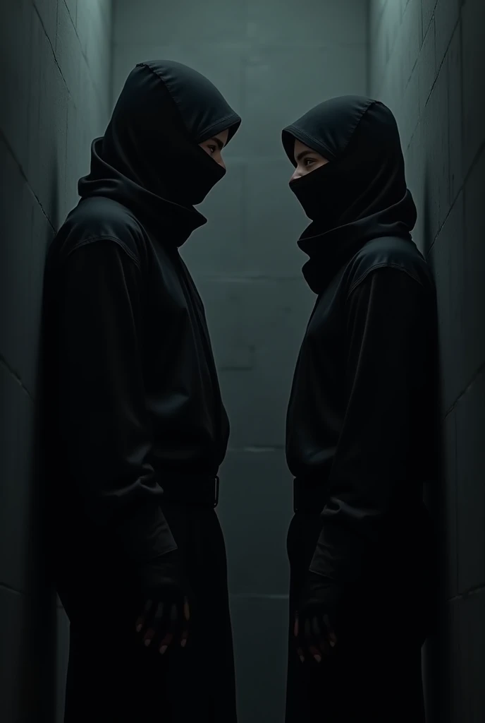  The scene is develops in a dark environment , where a female ninja ,  with only their eyes visible through their mask ,  is against a wall .  Their back is firm against the surface ,  but their body remains tense ,  ready to react . In front of her is her...