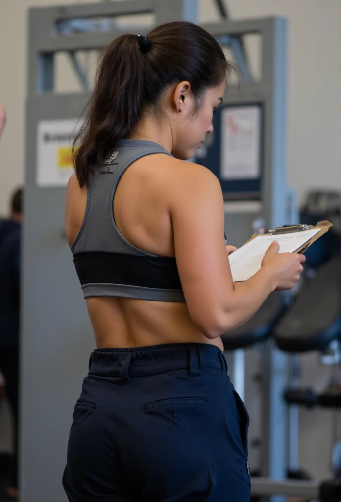 athletic asian female police academy officer wearing racerback tank top and police pants holding clipboard looking at notes in police academy physical fitness testing area. Back to camera. Close up. photograph 