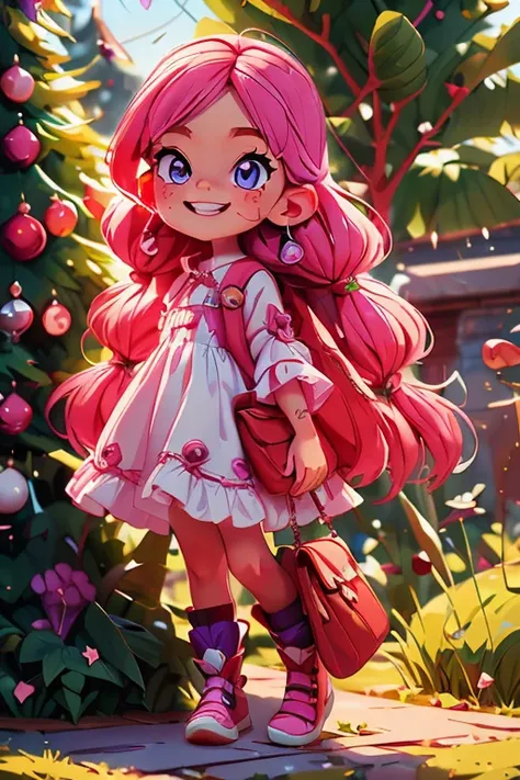 Perfect faces. Perfect hands. A young pink haired girl with violet eyes is playing with a pink haired teenager with violet eyes by a Gothic Christmas tree with a big smile
