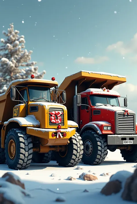 Freightliner dump truck and Caterpillar excavator and letters that say Merry Christmas 
