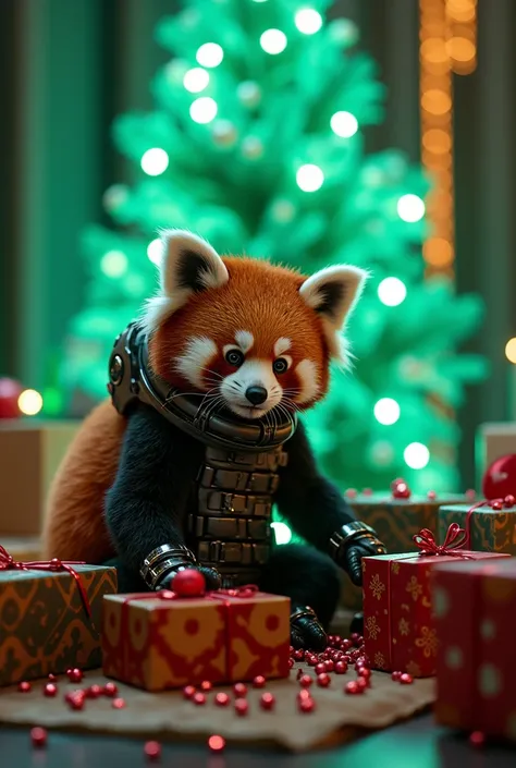 Red panda in cyberpank style opening xmas gifts having on the background xmas tree decorated with green neon lights