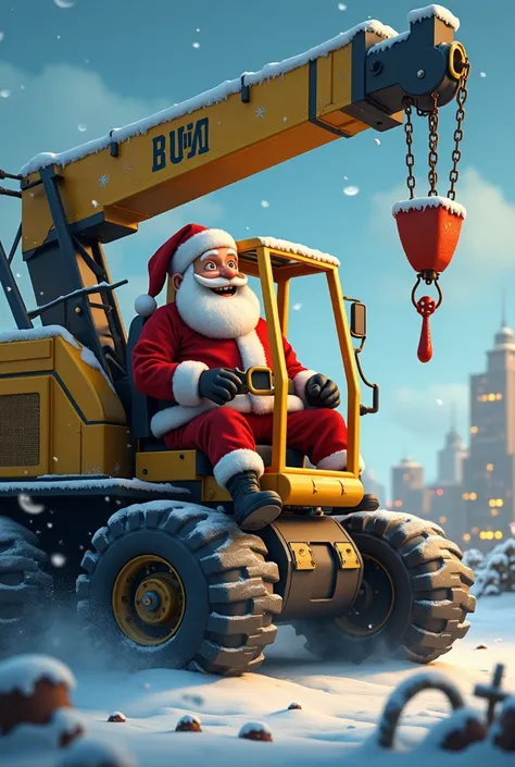 Santa Claus pulls a crane, like a sleigh