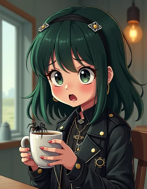 (Masterpiece:1.2, High quality), girl, medium length hair, dark green haircolor, gothic outfit, grunge accessories, realistic cartoon style, half body,The design will feature the customer holding a cup of coffee with a small spider crawling on the cup, sur...