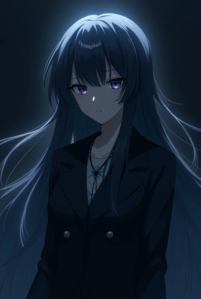 Anime version on an darkness place with illumination on hair and face, long hair. 