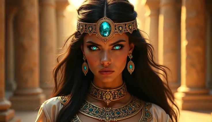 "Create an ultra-detailed digital artwork of a mystical queen or goddess with glowing, piercing blue eyes and dark, flowing hair, adorned with ornate golden jewelry and a headpiece encrusted with turquoise gemstones. Her expression is fierce and regal, exu...