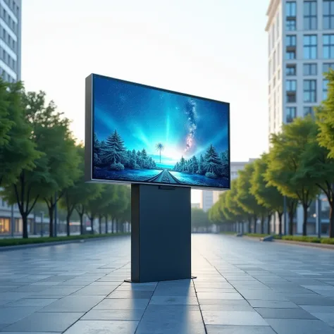 A high-quality, realistic image showcasing a large multimedia screen mounted horizontally on a tall, modern stand located at the center of a spacious city square. The square is open and free, bordered by neatly arranged trees along its perimeter, adding a ...