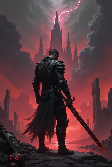 A dark and atmospheric fantasy scene featuring a lone warrior, Kaelen Duskblade, standing in the center. He has his back to the viewer, wearing battered and tarnished armor, scarred from battle. His hands firmly grip a large, bloodstained sword glowing wit...