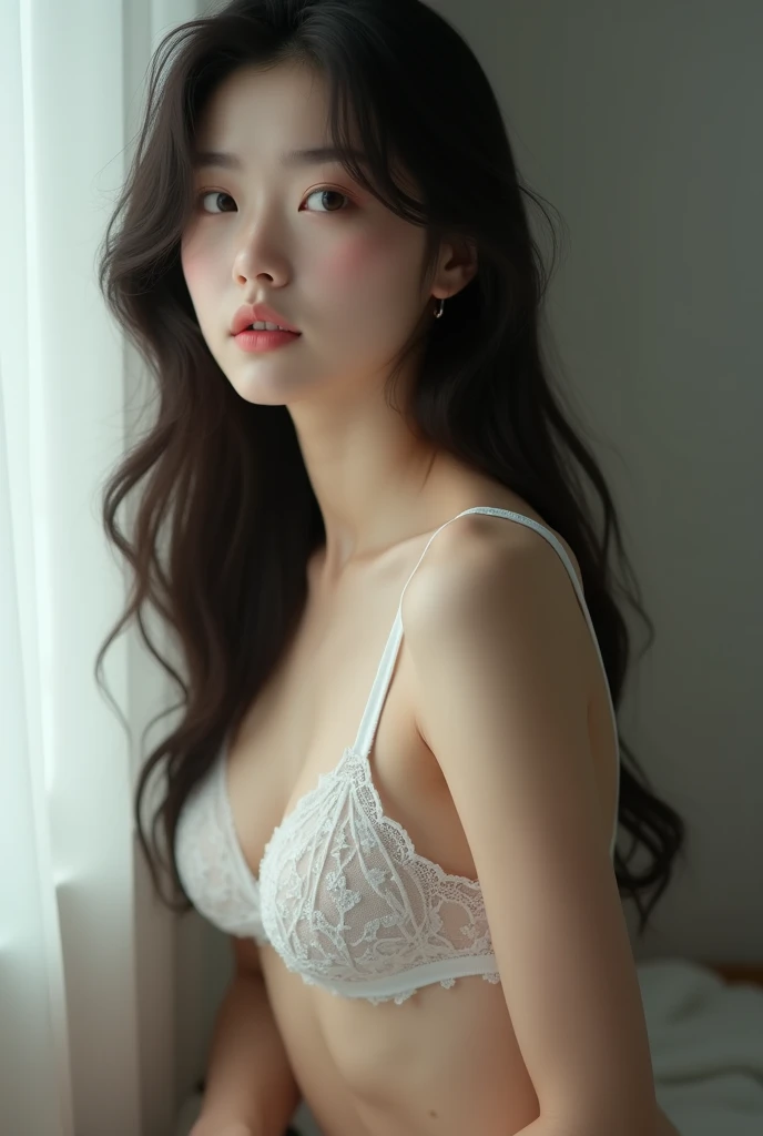 Korean girl wearing white bra not wearing panties