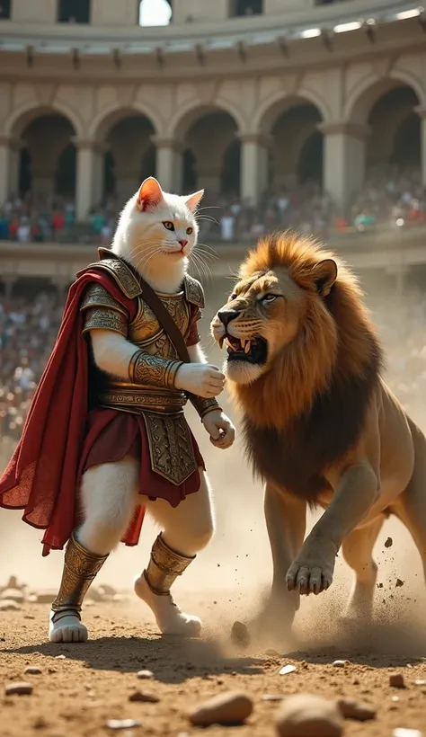 Un chat blanc habillé en guerrier romain combattant un lion dans une arène de gladiateurs