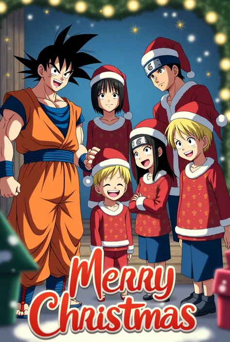 Goku from Dragon Ball ,  Luffy from one piece , naruto,  nico Robin,  characters from Jujutsu Kaisen .  Everyone dressed in Christmas clothes celebrating, Also write Merry Christmas  . That they are all the same age and write Merry Christmas on the image 