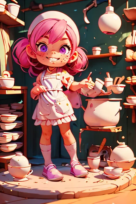 Perfect faces. Perfect hands. A young pink haired girl with violet eyes is baking cookies with a big smile