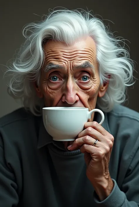 week, white hair,A blue eye and another coffee,tender,