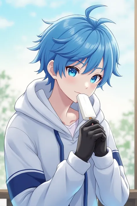 Chongyun wearing a hoodie, Eating a white popsicle, (genshin impact) 1boy male  solo blue eyes blue hair gloves ahoge chinese clothes short hair