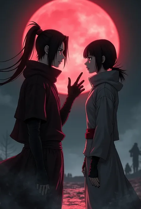 Itachi Uchiha from the anime “Naruto” with long hair in a ponytail and signs Konoha to her girlfriend with black short hair and bangs .  Dark atmosphere  