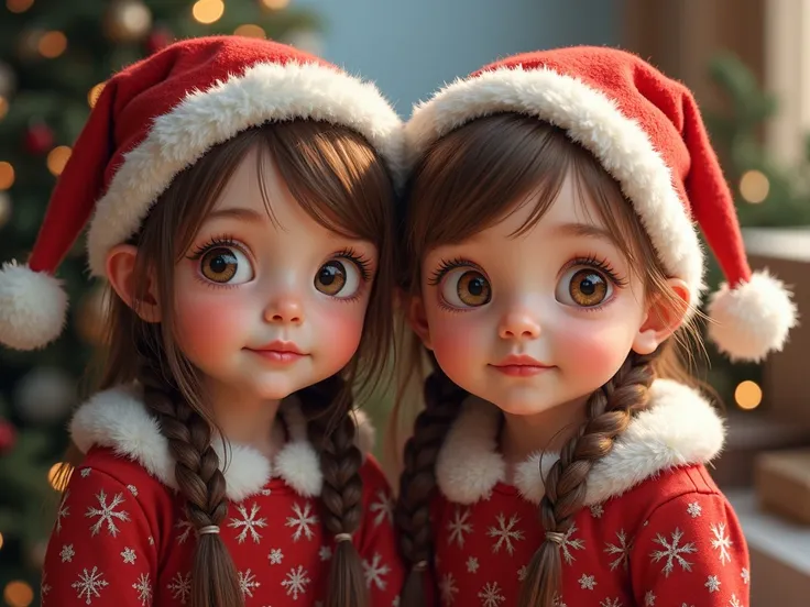 Ces 2 petites filles  en vetement de Noël, realiste, haute qualité , pas de modification de leur visage


