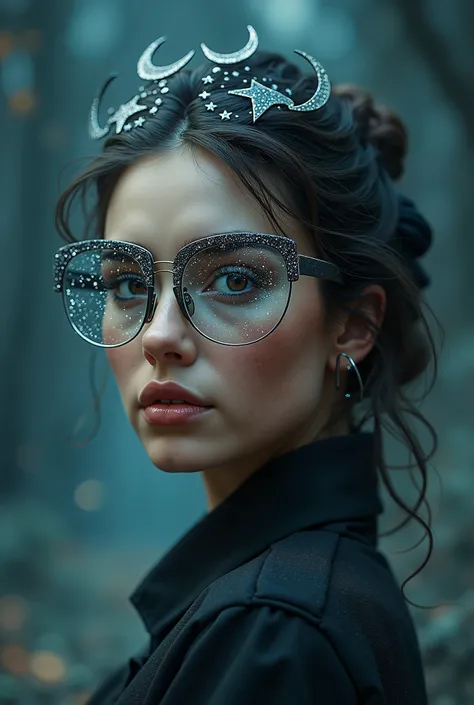 The model is wearing glass sunglasses., There are stars and moon drawn on the glass