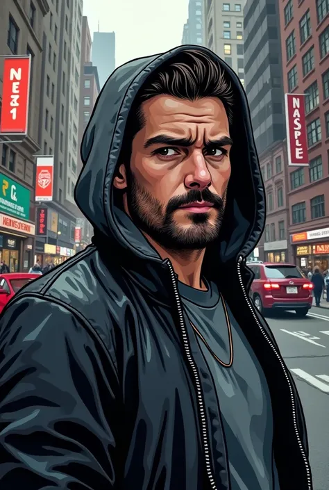 HIGH GRAPHIC ILLUSTRATION IN MODERN COMIC BOOK STYLE,  DARK GRAY HOODED GRAY SWEATSHIRT PLACED,  young man , with short and pronounced mustache and beard on the chin,  leather gloves ,  black leather jacket  , New York City, SERIOUS LOOK WATCHING THE CITY ...